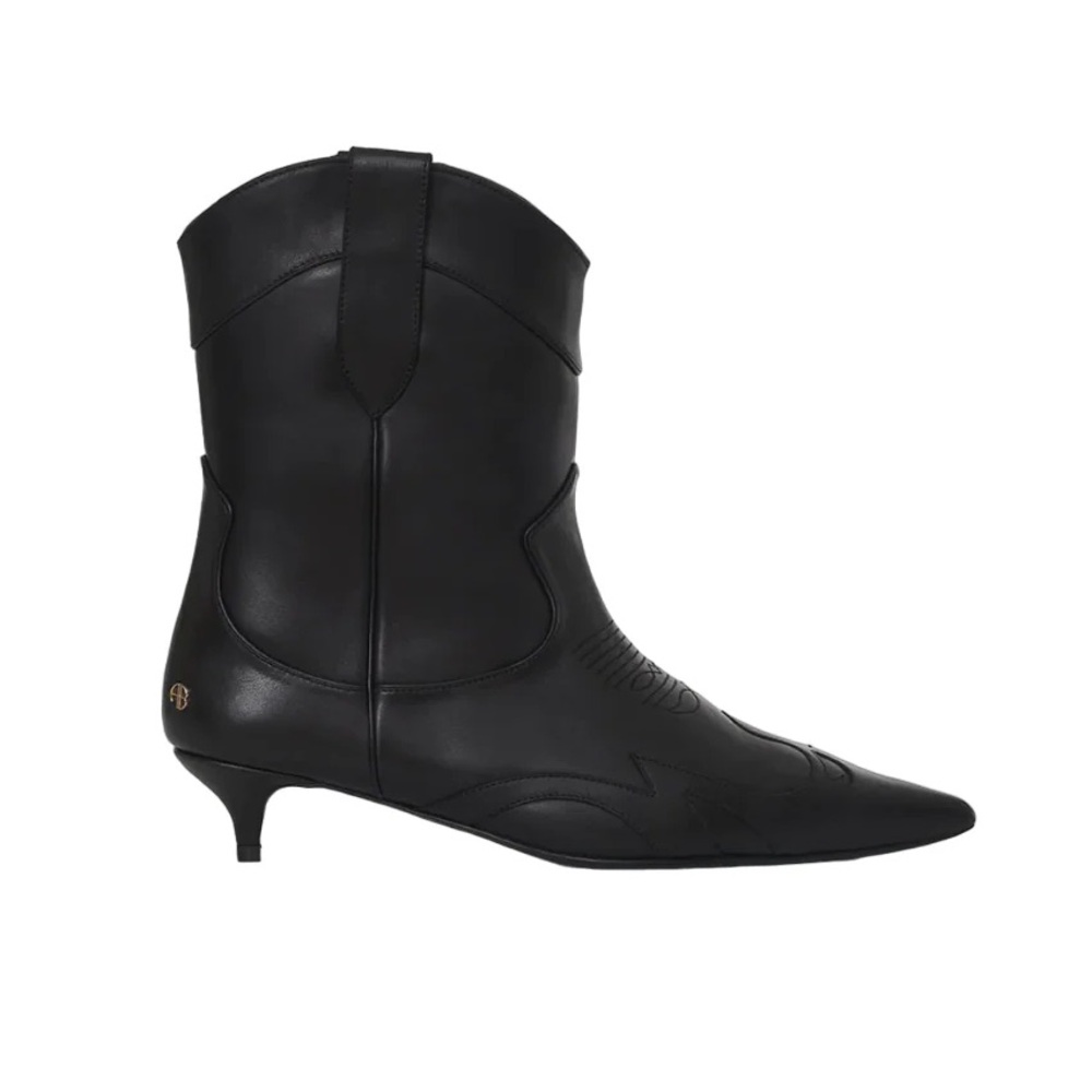 ANINE BING Black Leather Western Women's Ankle Rae Kitten Heel Boots 37
